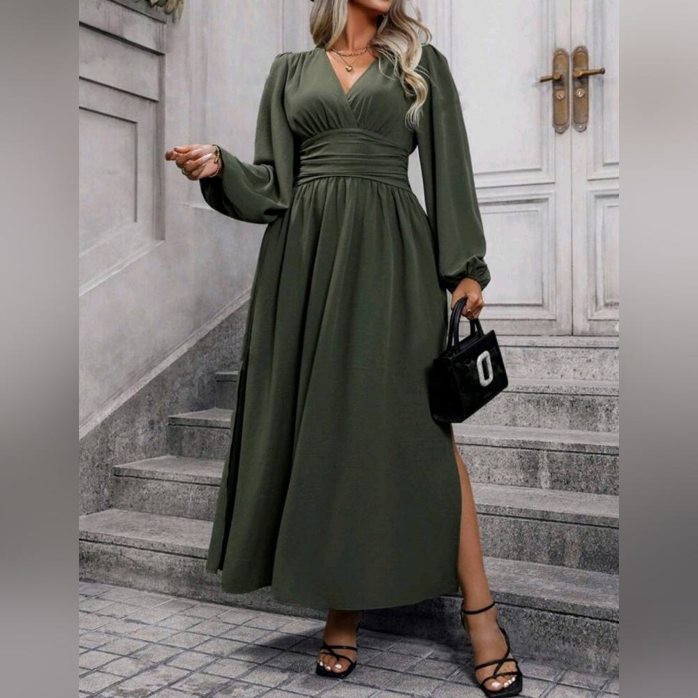 NEW Chic Ruched Waist Lantern Sleeve Maxi Dress PLUS Olive Green